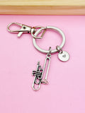 Silver Trumpet Keychain, Personalized Initial Charm, Band Student Gift