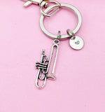 Silver Trumpet Keychain, Personalized Initial Charm, Band Student Gift