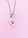 Silver I Love You Hand ASL Sign Language Charm Necklace Valentine Gifts Ideas Personalized Customized Made to Order, BN2285