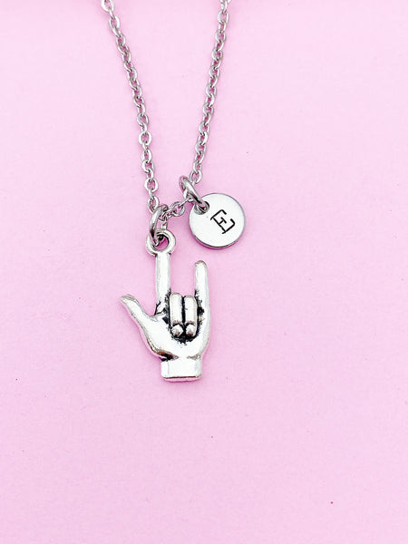 Silver I Love You Hand ASL Sign Language Charm Necklace Valentine Gifts Ideas Personalized Customized Made to Order, BN2285