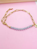 Gold Natural Angelite Gemstone Bracelet, Personalize Customize Bridesmaid Wedding Gifts Ideas, N4017