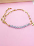 Gold Natural Angelite Gemstone Bracelet, Personalize Customize Bridesmaid Wedding Gifts Ideas, N4017