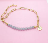 Gold Natural Angelite Gemstone Bracelet, Personalize Customize Bridesmaid Wedding Gifts Ideas, N4017