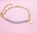 Gold Natural Angelite Gemstone Bracelet, Personalize Customize Bridesmaid Wedding Gifts Ideas, N4017