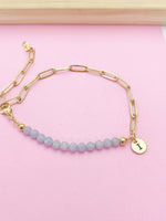 Gold Natural Angelite Gemstone Bracelet, Personalize Customize Bridesmaid Wedding Gifts Ideas, N4017