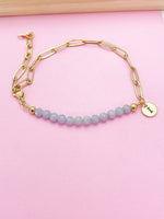 Gold Natural Angelite Gemstone Bracelet, Personalize Customize Bridesmaid Wedding Gifts Ideas, N4017