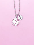 Yin Yang Necklace, Personalized Initial Charm, Stainless Steel