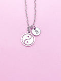 Yin Yang Necklace, Personalized Initial Charm, Stainless Steel