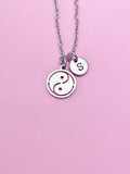 Yin Yang Necklace, Personalized Initial Charm, Stainless Steel