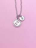 Yin Yang Necklace, Personalized Initial Charm, Stainless Steel