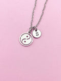 Yin Yang Necklace, Personalized Initial Charm, Stainless Steel