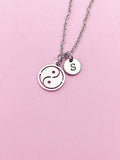 Yin Yang Necklace, Personalized Initial Charm, Stainless Steel