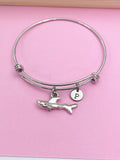 Silver Shark Charm Bangle Bracelet, Personalized Initial