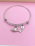 Silver Shark Charm Bangle Bracelet, Personalized Initial