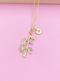 Gold Bamboo Charm Necklace Longevity Luck Gifts Idea Personalized Customized Made to Order, N2188