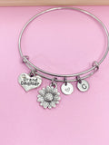 Granddaughter Sunflower Charm Bangle, Personalized Initial, Silver Tone