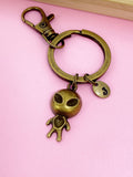 Antique Bronze UFO Keychain, Personalized Initial Charm