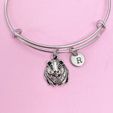 Silver Guinea Pig Charm Bangle Bracelet, Personalized Initial