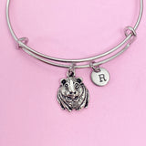 Silver Guinea Pig Charm Bangle Bracelet, Personalized Initial
