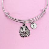 Silver Guinea Pig Charm Bangle Bracelet, Personalized Initial