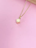 Gold Dice Pendant Necklace, Bunco Gift, Dainty Brass Chain, AN124