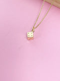 Gold Dice Pendant Necklace, Bunco Gift, Dainty Brass Chain, AN124