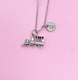 Silver Train Locomotive Necklace, Steam Engine Charm, Personalized Initial