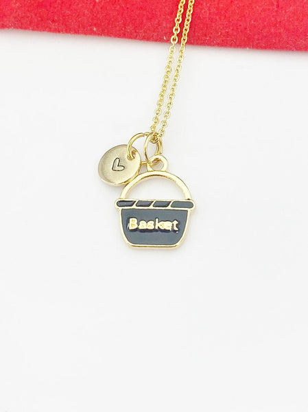 Gold Black Basket Bucket Charm Necklace Bucket List Gifts Ideas Personalized Customized Made to Order, N5494