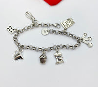 Baking Charm Bracelet, Baker Gift, Kitchen Mixer Charm, Measuring Cup Measuring Charm, Bundt Pan Charm, Personalized Initial, N1233