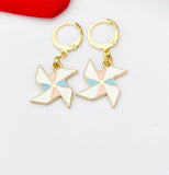 Gold Pinwheel Dangle Earrings, Enamel Windmill Charm