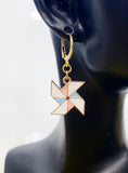Gold Pinwheel Dangle Earrings, Enamel Windmill Charm