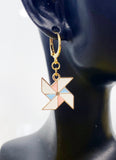 Gold Pinwheel Dangle Earrings, Enamel Windmill Charm