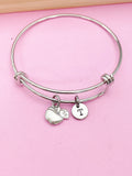 Apple Charm Bangle Bracelet, Personalized Initial, Teacher Gift