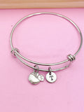 Apple Charm Bangle Bracelet, Personalized Initial, Teacher Gift
