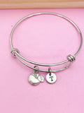 Apple Charm Bangle Bracelet, Personalized Initial, Teacher Gift