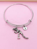 Silver T Rex Dinosaur Charm Bracelet Paleontologist Gift Idea Personalized Customized Monogram Made to Order Jewelry, N5512