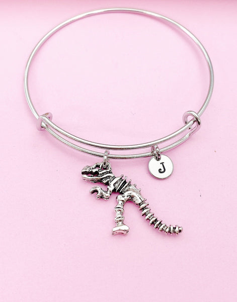 Silver T Rex Dinosaur Charm Bracelet Paleontologist Gift Idea Personalized Customized Monogram Made to Order Jewelry, N5512