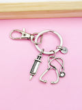 Syringe Stethoscope Charm Keychain, Personalized Initial, Medical Gift