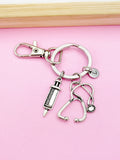 Syringe Stethoscope Charm Keychain, Personalized Initial, Medical Gift