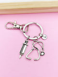 Syringe Stethoscope Charm Keychain, Personalized Initial, Medical Gift