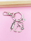 Silver Syringe Stethoscope Charm Keychain Medical School Phlebotomy Phlebotomist Gift Ideas Personalized Made to Order, N1593