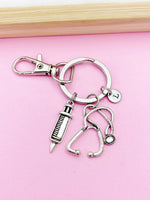 Silver Syringe Stethoscope Charm Keychain Medical School Phlebotomy Phlebotomist Gift Ideas Personalized Made to Order, N1593