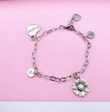 Sunflower Daughter Charm Bracelet, Personalized Initial Jewelry