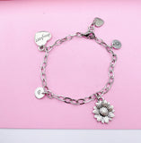 Silver Daughter Sunflower Charm Bracelet Stepdaughter Daughter Gifts Ideas Personalized Customized Made to Order Jewelry N1383