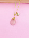 Gold Natural Rose Quartz Charm Necklace Gemstone October Birthday Gifts Ideas Personalized Customized Made to Order, N5513