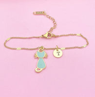 Gold Cute Blue Cat Kitten Charm Bracelet Cat Pet Lover Gifts Idea Personalized Customized Made to Order, N1103