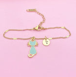 Gold Cute Blue Cat Kitten Charm Bracelet Cat Pet Lover Gifts Idea Personalized Customized Made to Order, N1103