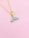Gold Mermaid Tail Charm Necklace, Blue Mermaid Tail Personalized Customize Monogram Initial, N2340