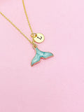 Gold Mermaid Tail Necklace, Blue Enamel, Personalized Initial