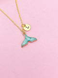 Gold Mermaid Tail Necklace, Blue Enamel, Personalized Initial